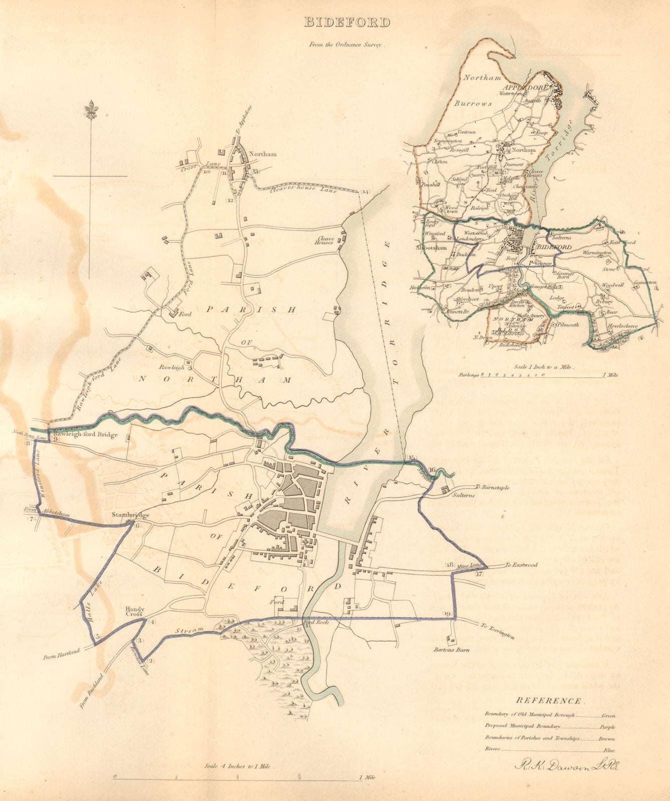 BIDEFORD borough/town plan. BOUNDARY COMMISSION. Devon. DAWSON 1837 old map